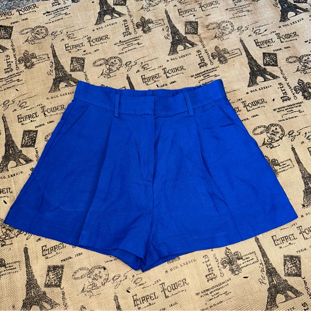 H&M Royal NWT! Blue High Rise Linen-Blend Bermuda Shorts Size 8